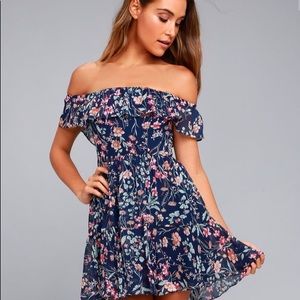 Lulus navy floral print off the shoulder dress